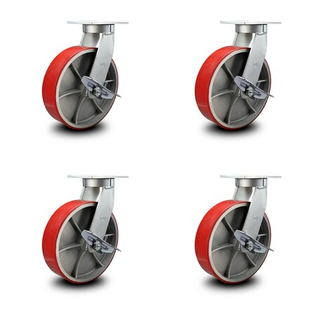 Service Caster 10 Inch Heavy Duty Red Poly on Cast Iron Caster Brakes 2 Swivel Locks, 4PK SCC-KP92S1030-PUR-RS-SLB-BSL-2-SLB-2